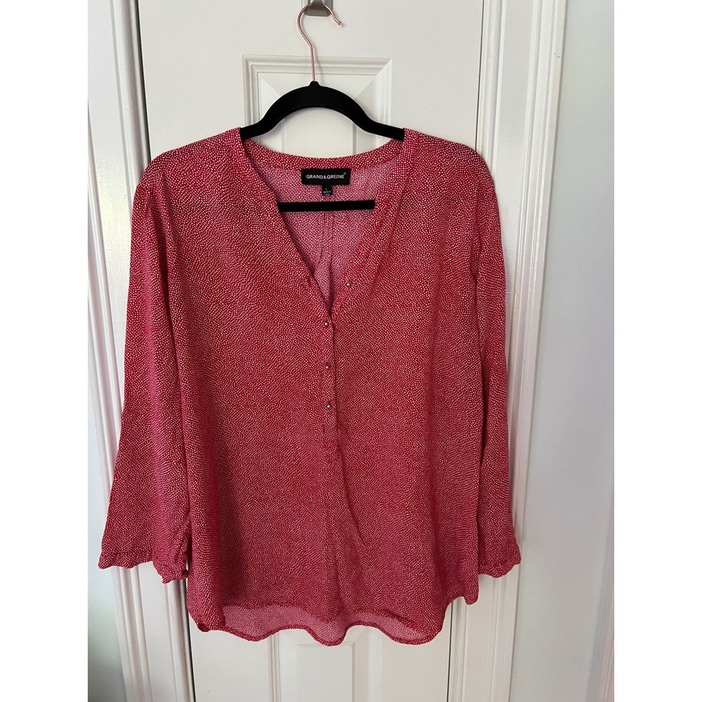 Grand & Greene Red Polka Dot Roll Tab Sleeve Button Front Blouse Large